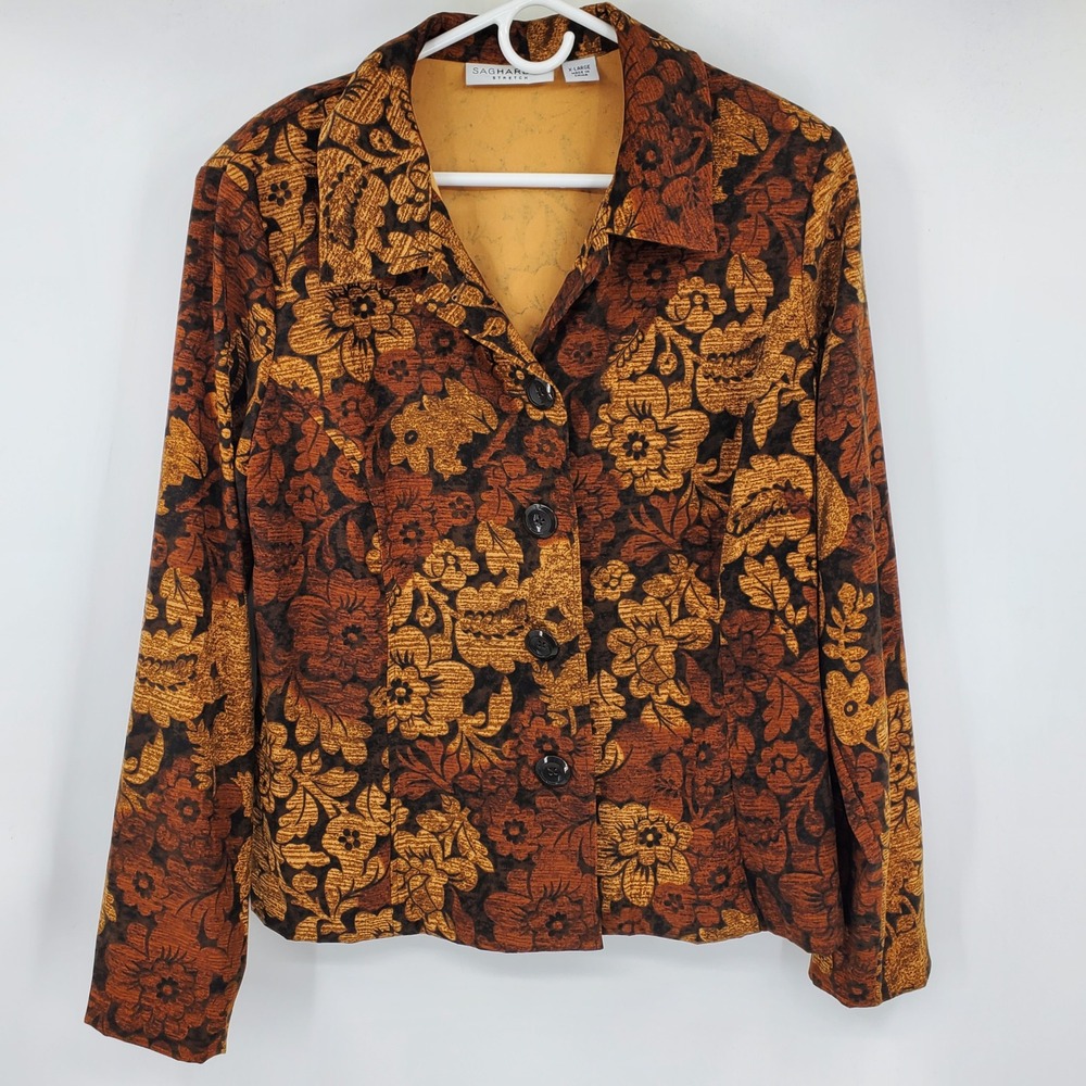 Vintage Sag Harbor Stretch XL Floral Button Front Jacket Brown Rust Fall Cottage